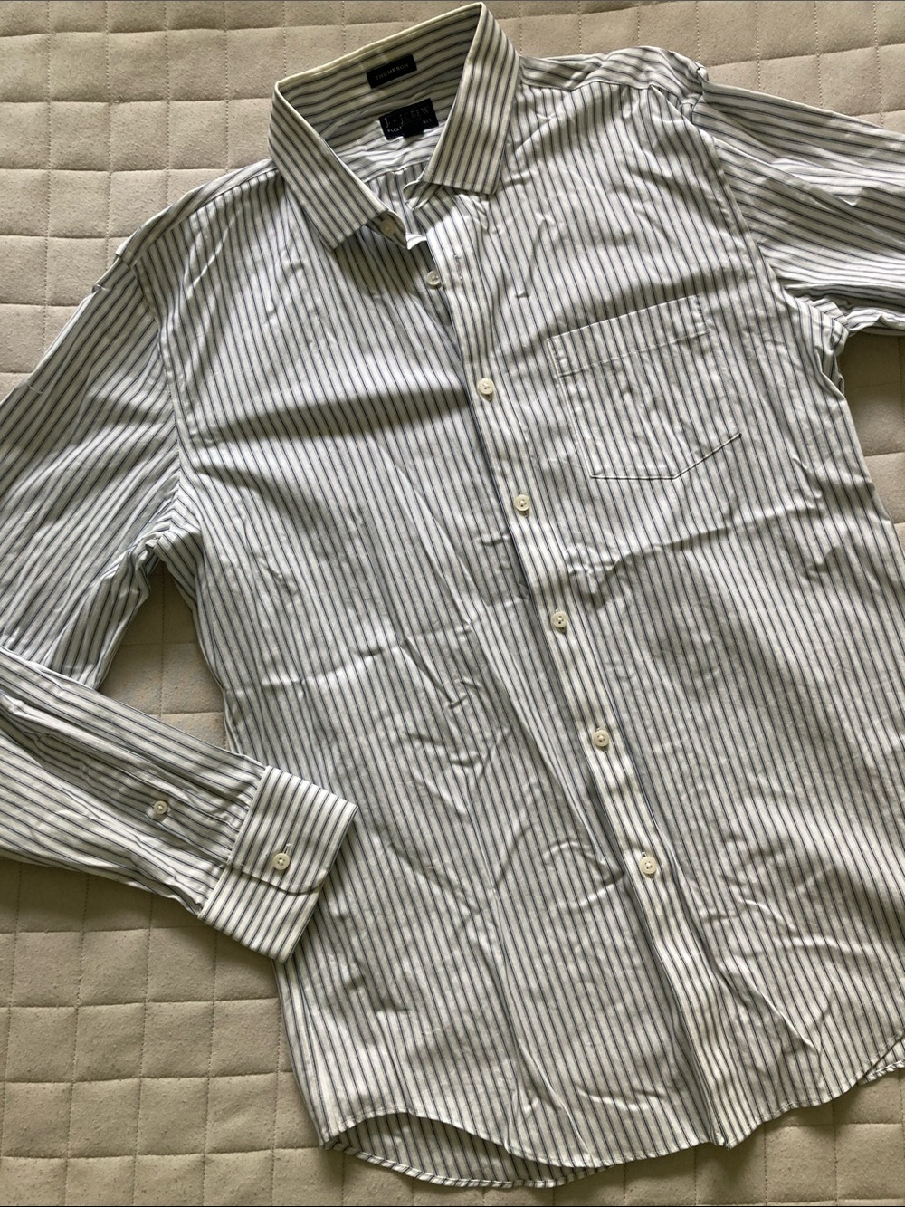 J. Crew Men's White Shirt with Gray Vertical Stripes